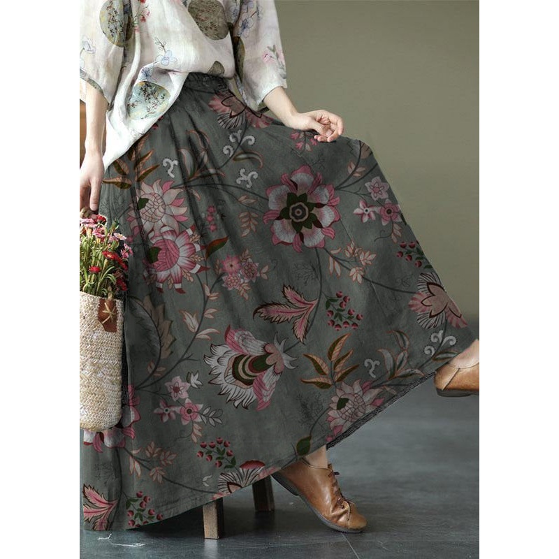 Women grey Print Ramie Elastic Waist Skirt