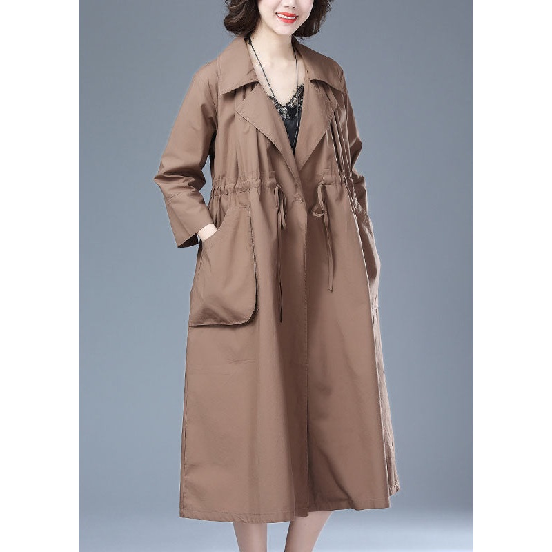 Women Khaki Pockets Drawstring Patchwork Cotton Long Trench Coat Bracelet Sleeve