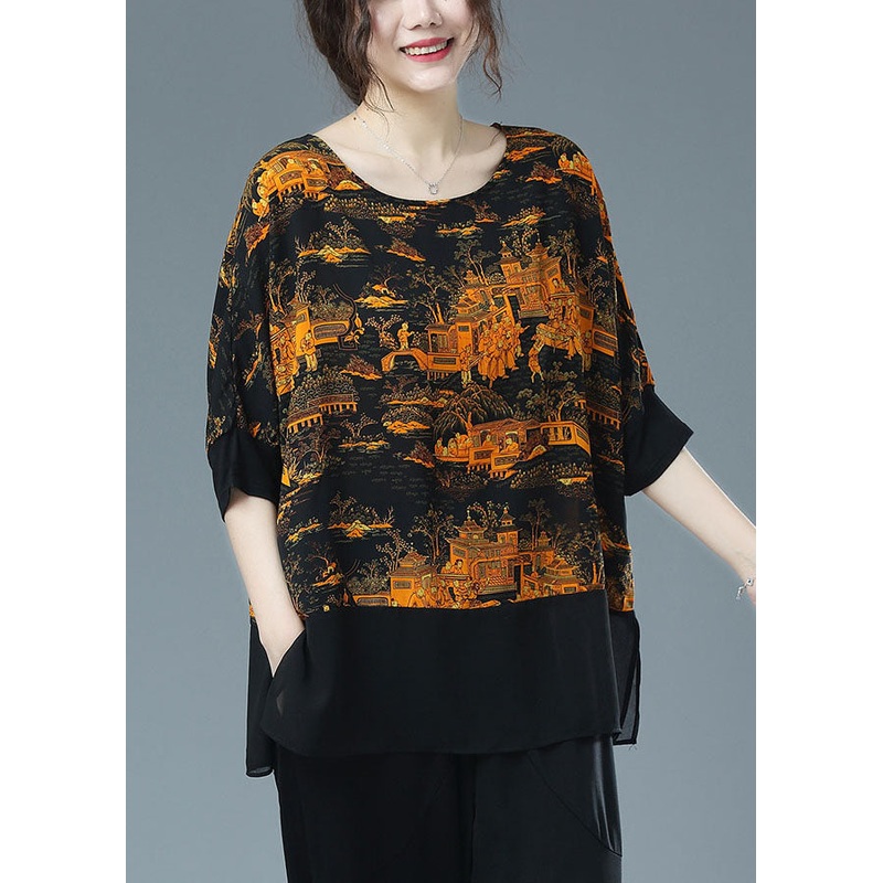 Yellow Patchwork Chiffon T Shirt Top O Neck Print Side Open Half Sleeve