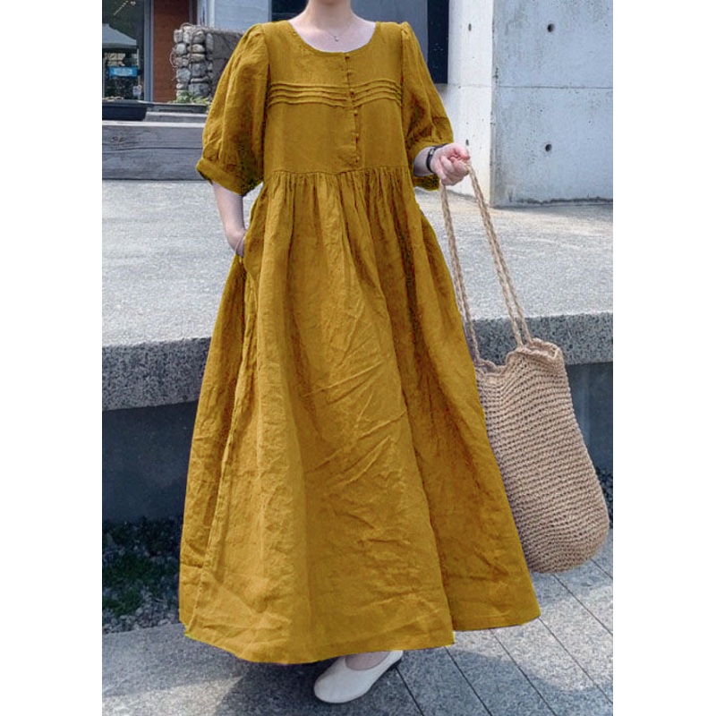 Yellow Patchwork Linen Dress O Neck Wrinkled Short Sleeve