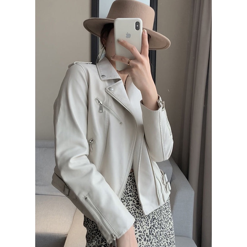 Art Beige Peter Pan Collar Patchwork Faux Leather Jacket Fall