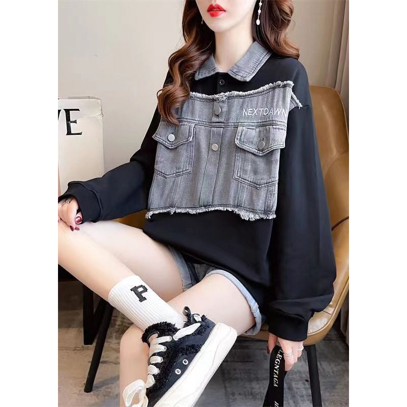 Art Black Oversized Patchwork Cotton Sweatshirts Top Fall