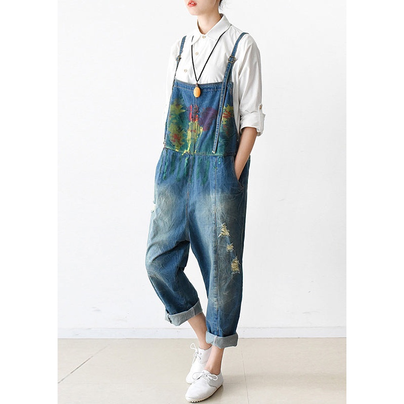 Art Blue Graffiti Denim Strap Jumpsuit Ripped Jeans Fall