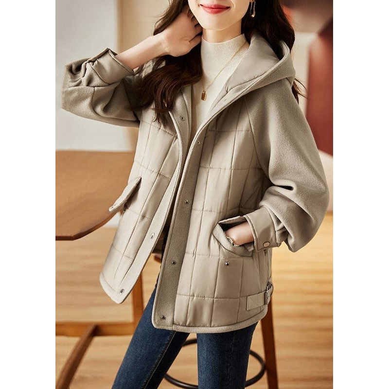 Art Light Grey Hooded Patchwork Fine Cotton Filled Jackets Winter