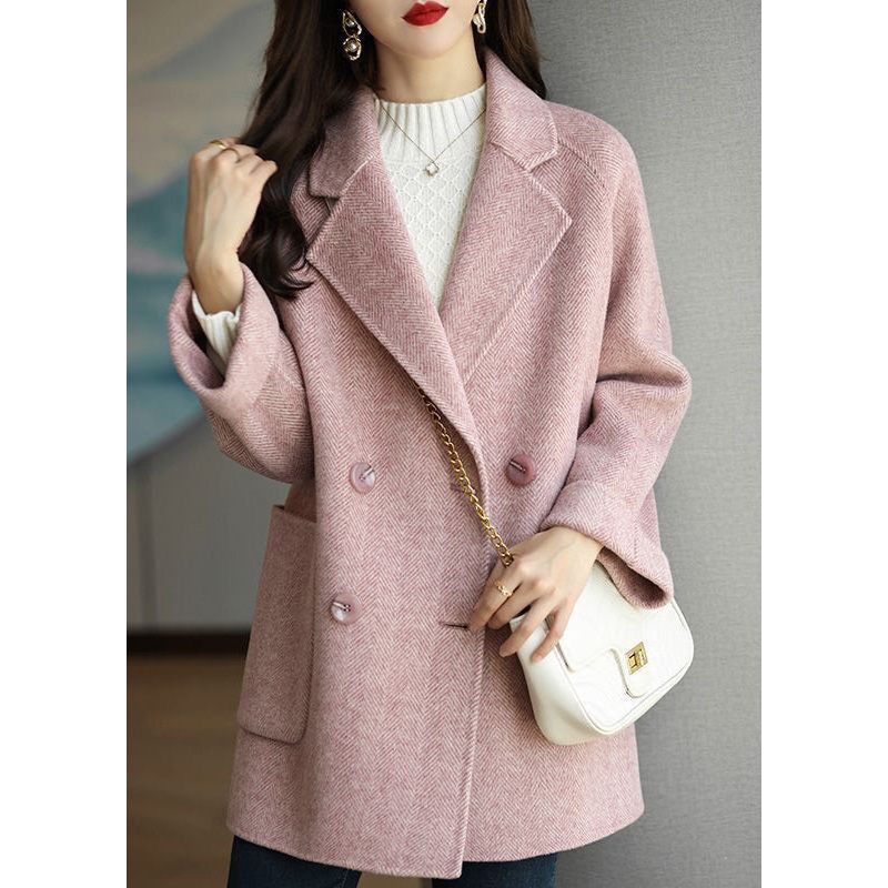 Art Pink Lapel Double Breast Thick Woolen Trench Fall