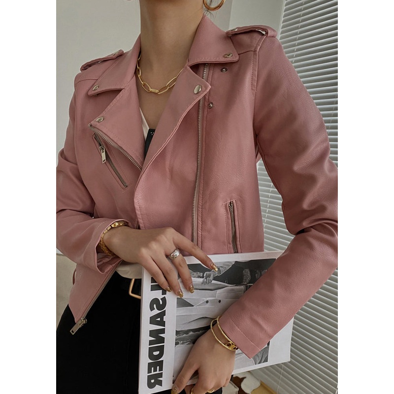 Art Pink Zip Up Pockets Patchwork Faux Leather Jacket Fall