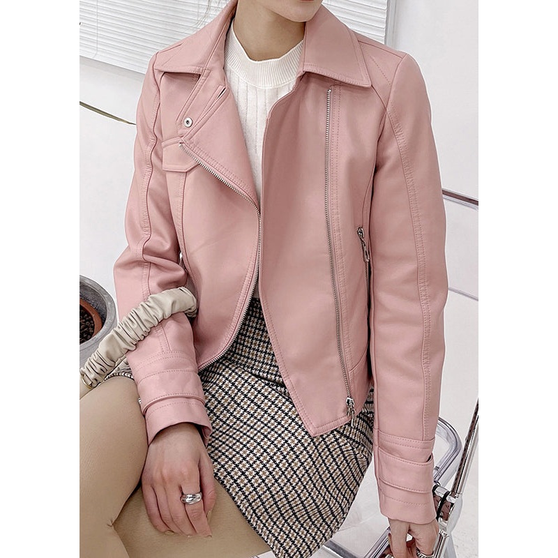Beautiful Pink Peter Pan Collar Zip Up Patchwork Faux Leather Coat Fall