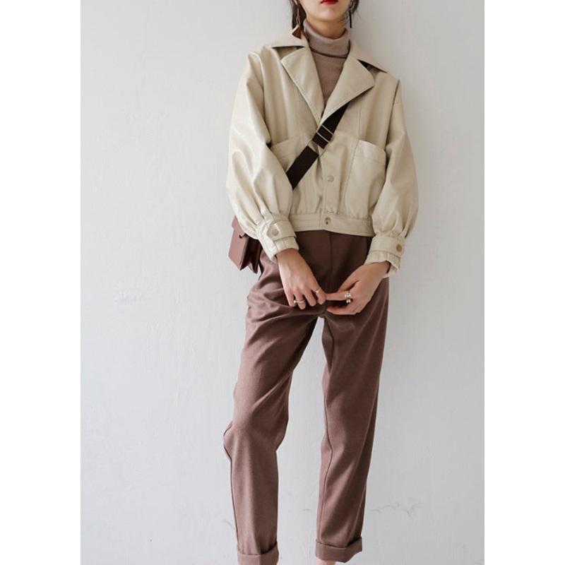 Beige Pockets Patchwork Faux Leather Jackets Peter Pan Collar Batwing Sleeve