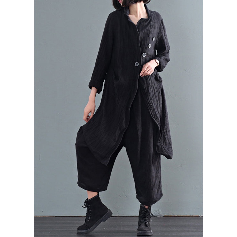 Black Oversized Linen Trench Coats Wrinkled Button Fall