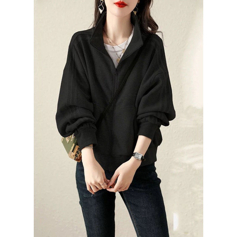 Black Patchwork Cotton Jackets Oversized Zippered Fall