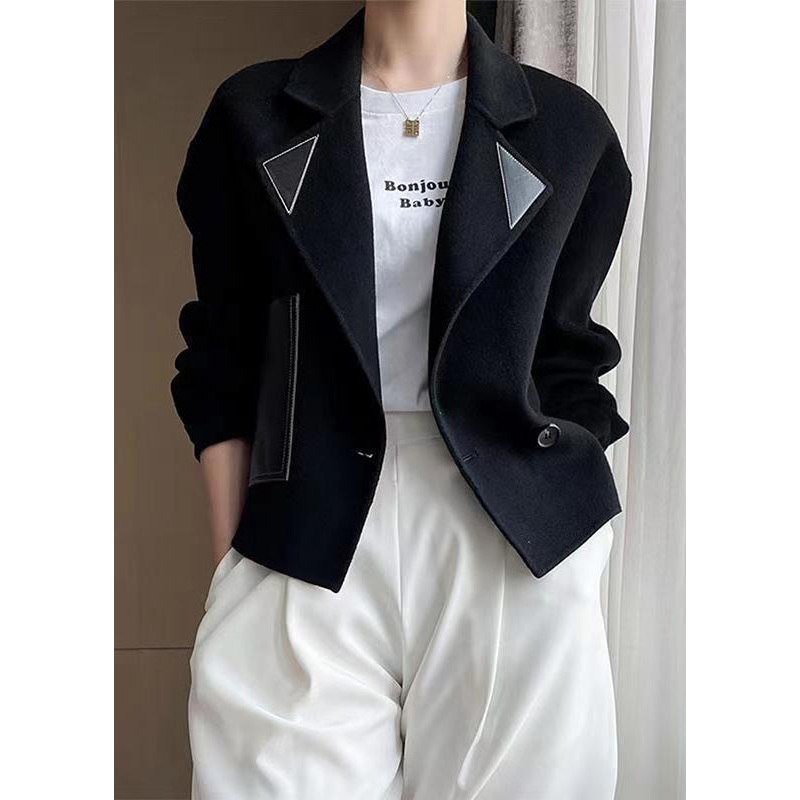 Black Patchwork Woolen Coats Oversized Button Down Fall