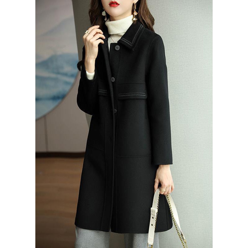 Black Patchwork Woolen Trench Coats Turn Collar Button Down Fall