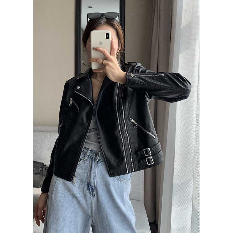 Black Pockets Patchwork Faux Leather Jacket Zip Up Fall
