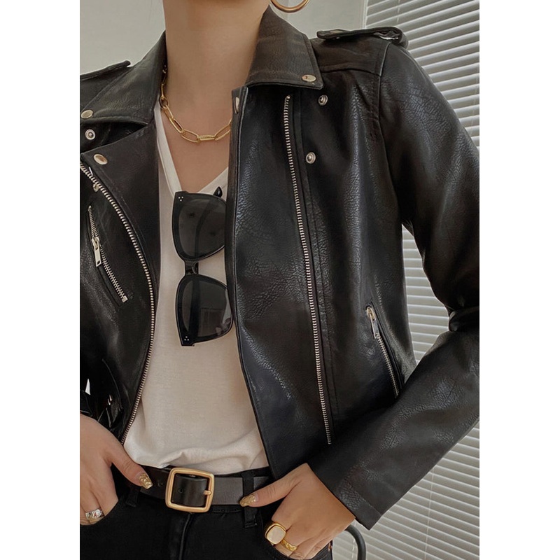 Black Pockets Patchwork Faux Leather Jackets Zip Up Fall