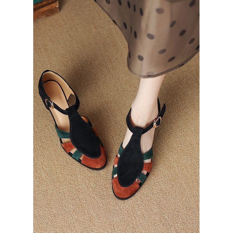 Black Sandals Chunky Heel Suede Elegant Splicing Buckle Strap