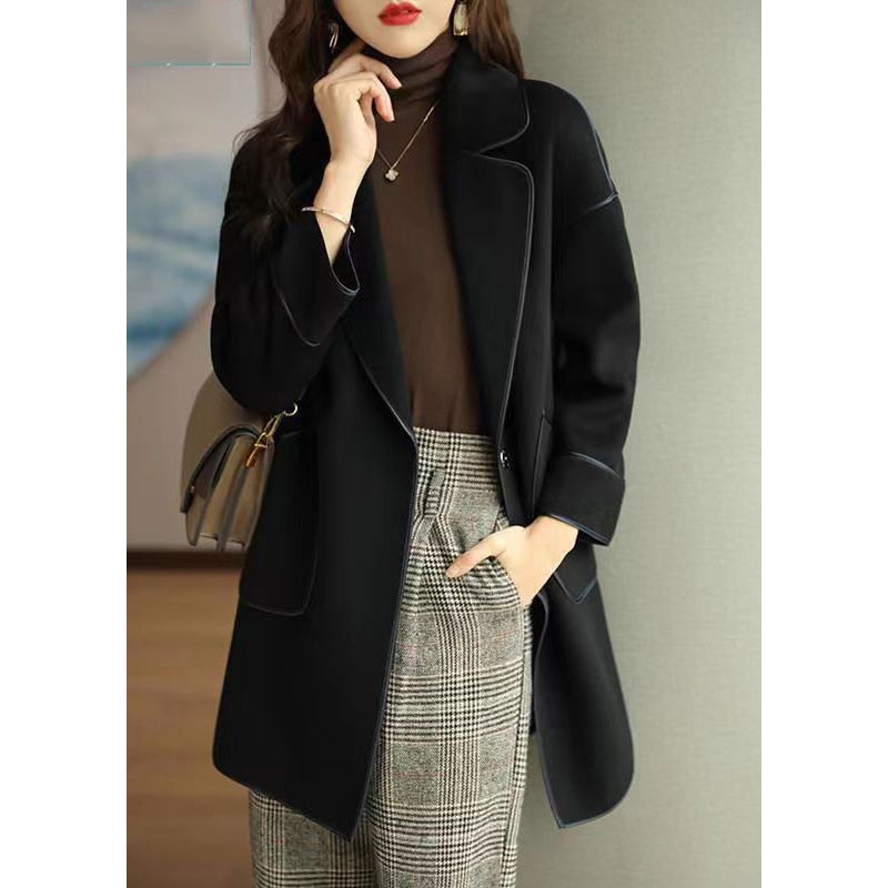 Black Silm Fit Woolen Coat Oversized Pockets Fall