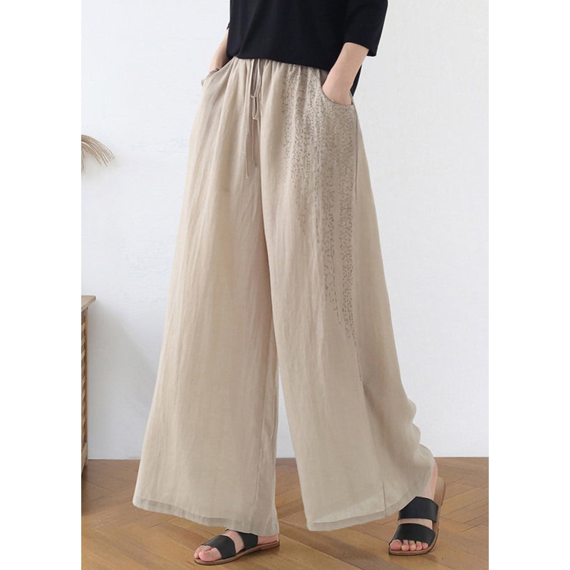 Bohemian Apricot Embroideried Pockets Linen Wide Leg Pants Fall