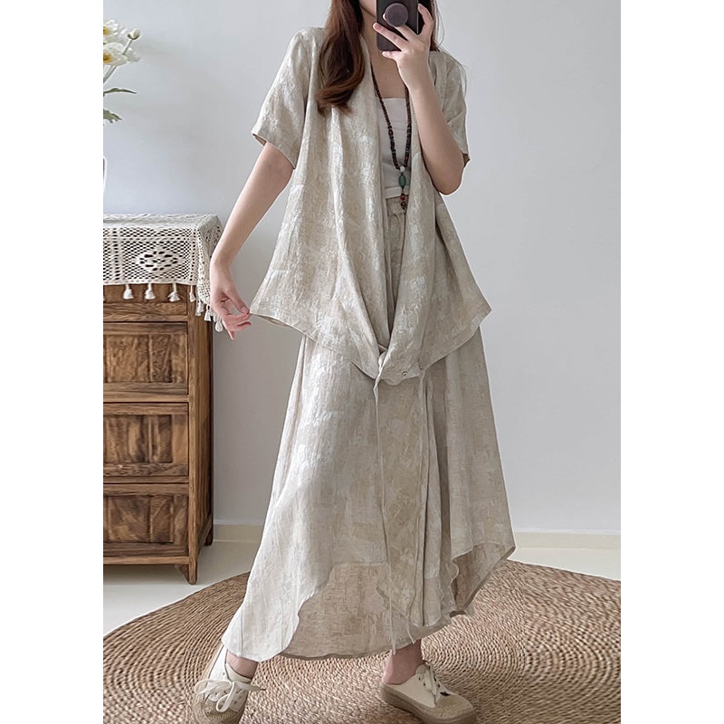 Bohemian Beige Asymmetrical Jacquard Cotton Two Pieces Set Fall