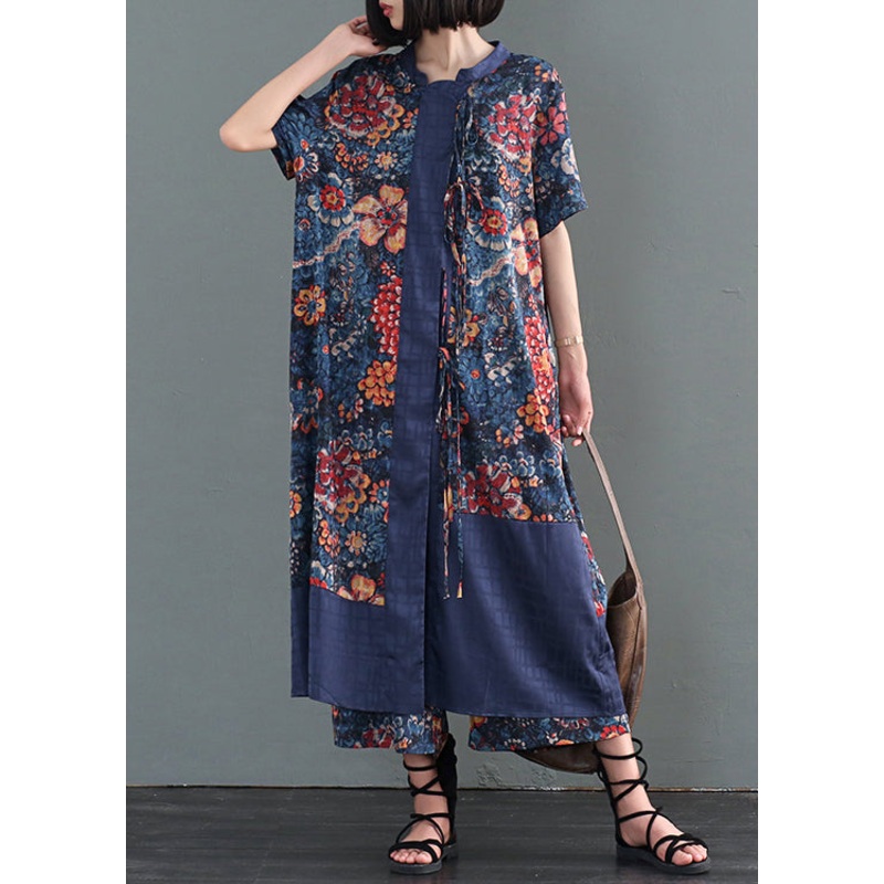 Bohemian Blue Print Patchwork Lace Up Silk Two Pieces Set Fall