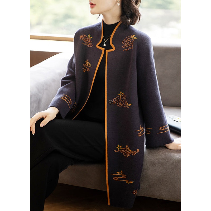 Bohemian Dark Purple Stand Collar Embroideried Patchwork Wool Coats Fall