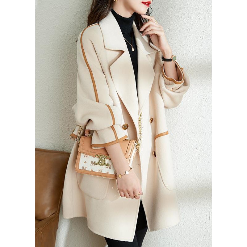 Bohemian White Lapel Patchwork PU Woolen Trench Coat Fall
