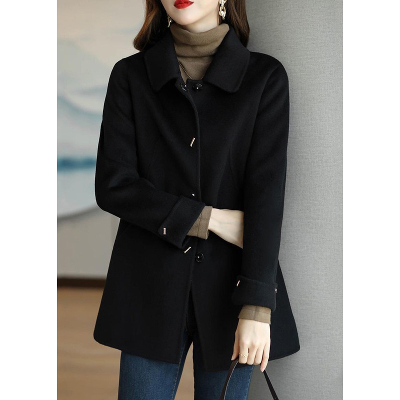 Boho Black Peter Pan Collar Button Down Woolen Coat Fall