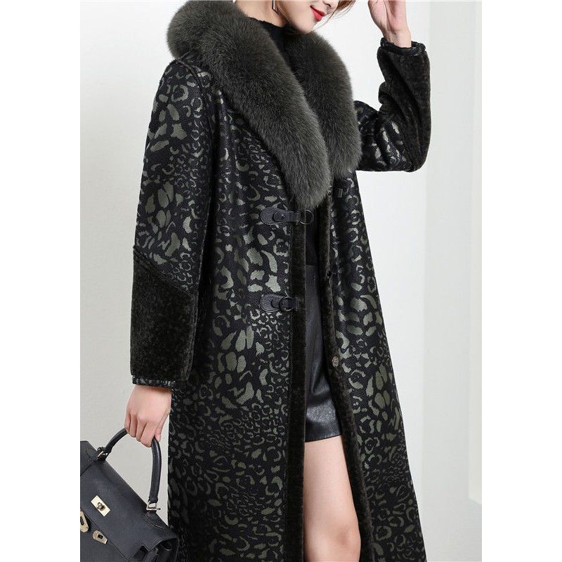 Boho Blakcish Green Fox Collar Wear On Both Sides Cashmere Coat Outwear Winter