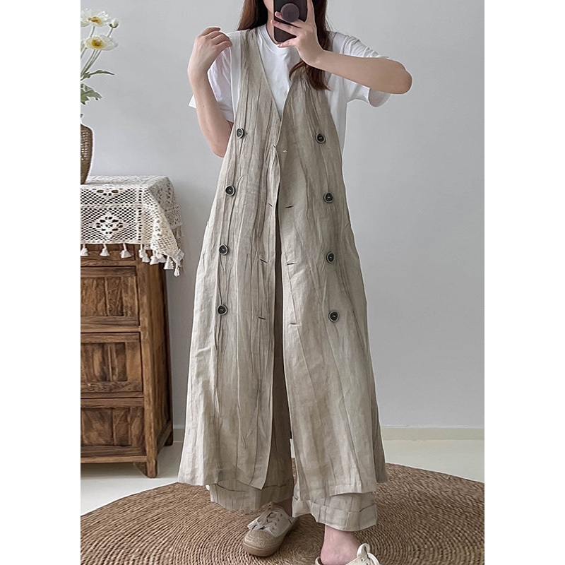 Boho White Double Breast Wrinkled Linen Long Vest Fall