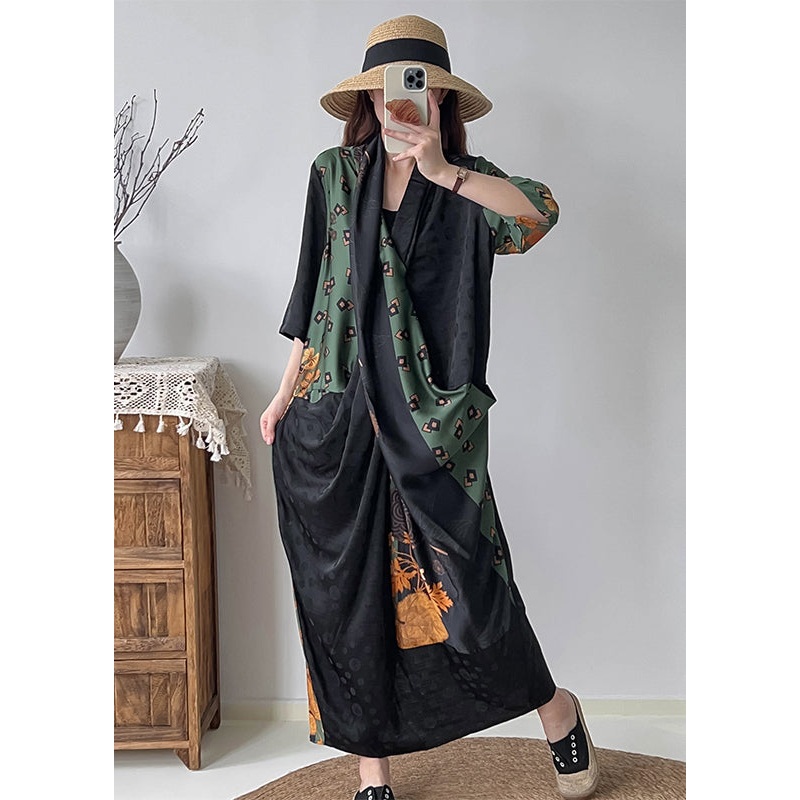 Boutique Black Asymmetrical Patchwork Silk Dresses Summer