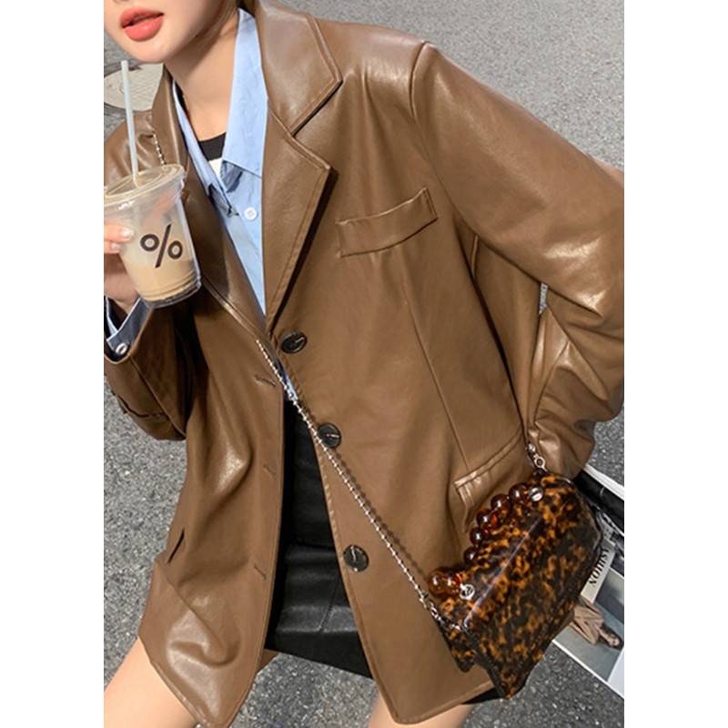 Boutique Coffee Peter Pan Collar Pockets Patchwork Faux Leather Coat Fall