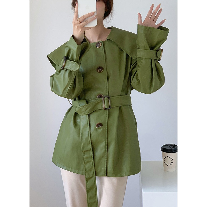 Boutique Green Peter Pan Collar Patchwork Faux Leather Trench Fall