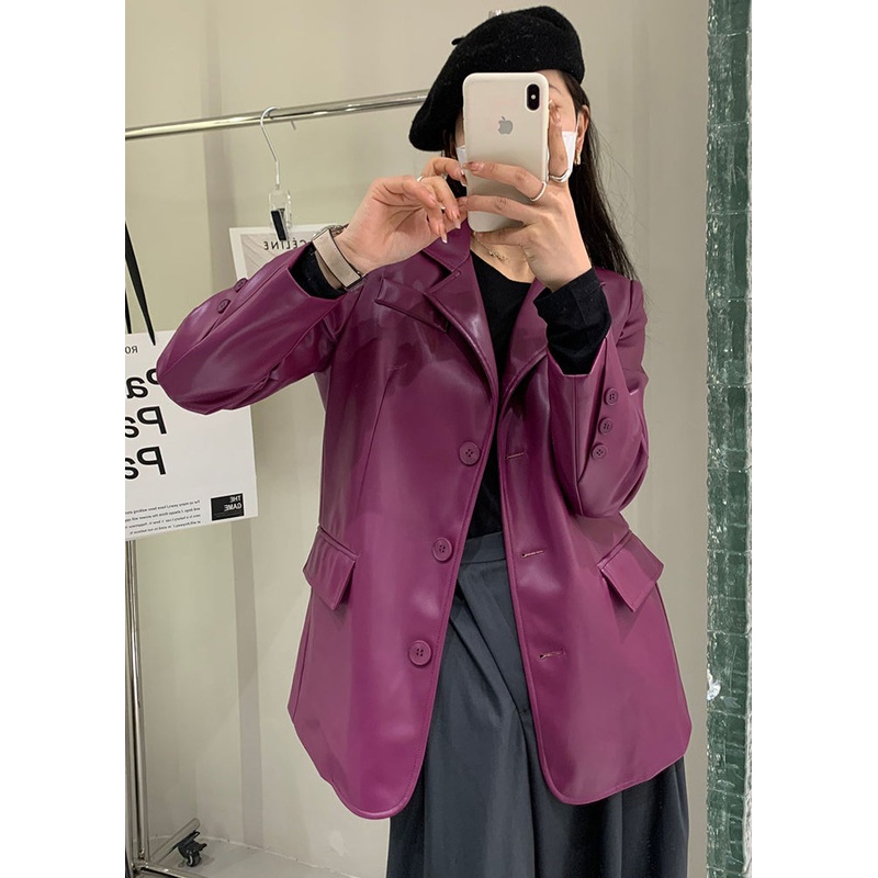 Boutique Purple Peter Pan Collar Button Patchwork Faux Leather Coat Fall