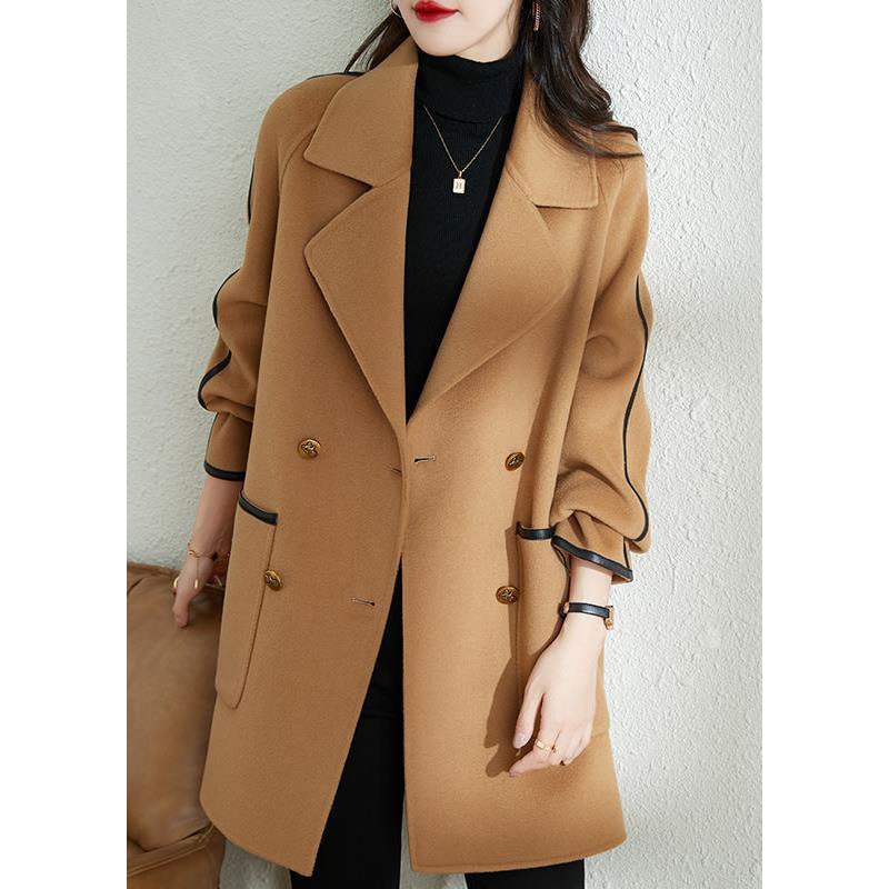 Camel Patchwork Woolen Trench Oversized Double Breast Fall