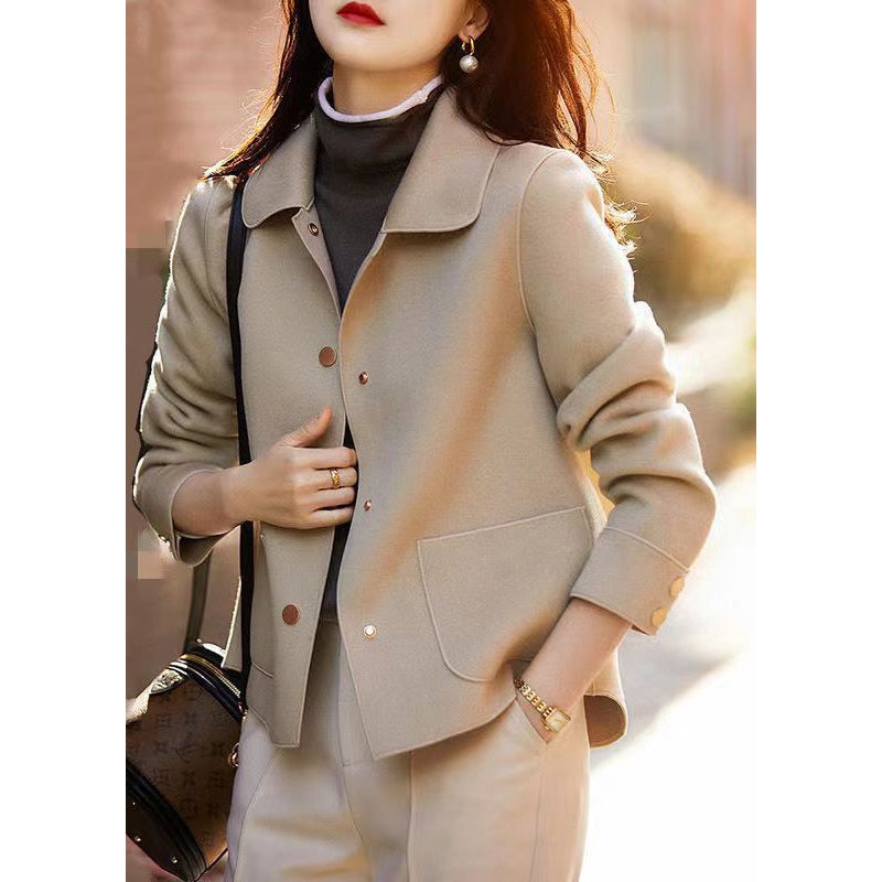 Casual Beige Peter Pan Collar Pockets Woolen Coat Fall