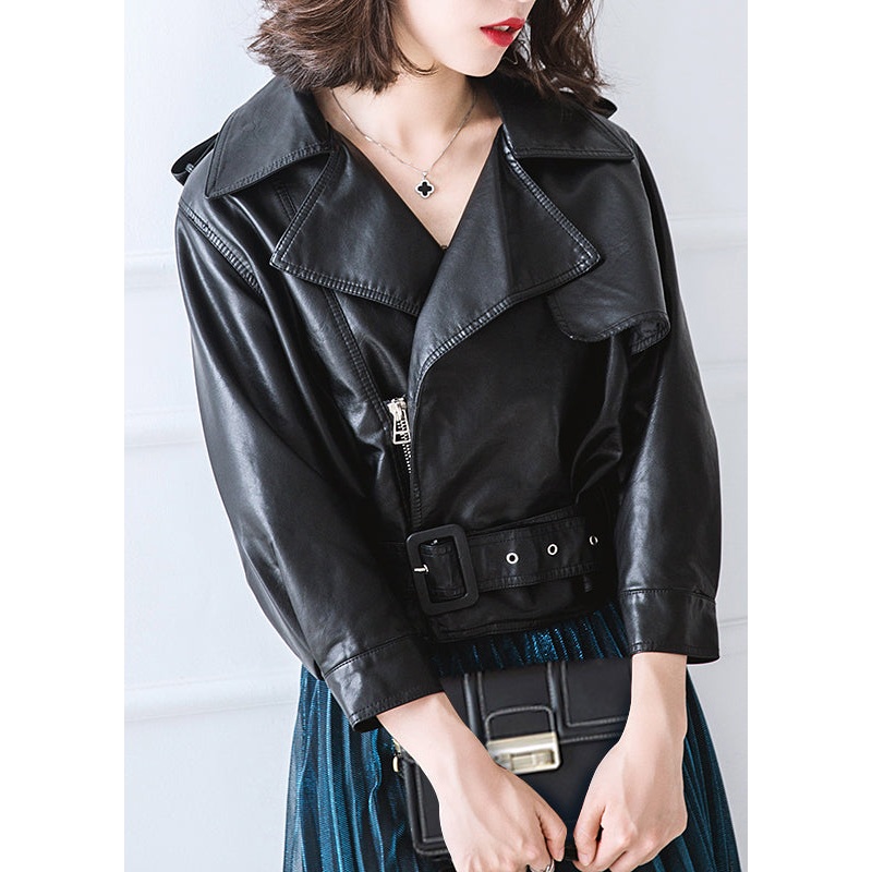 Casual Black Peter Pan Collar Zippered Patchwork Faux Leather Jacket Fall