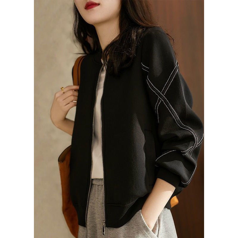Casual Black Stand Collar Oversized Cotton Jackets Fall