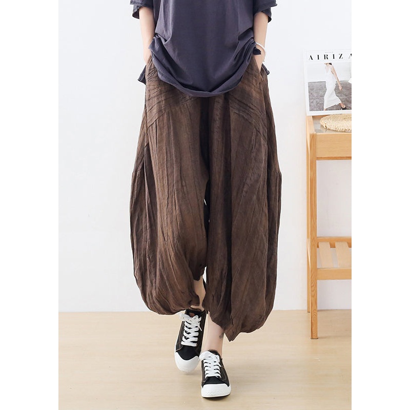 Casual Coffee Tie Dye Wrinkled Linen Lantern Pants Fall