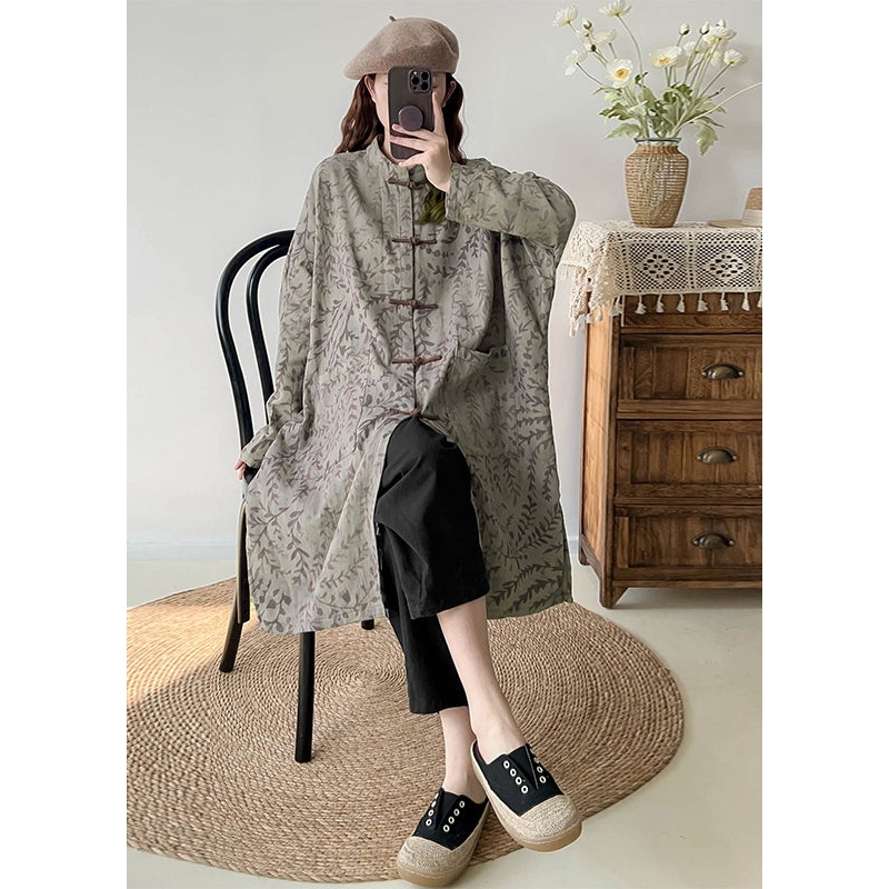 Casual Green Oversized Print Linen Coat Outwear Fall