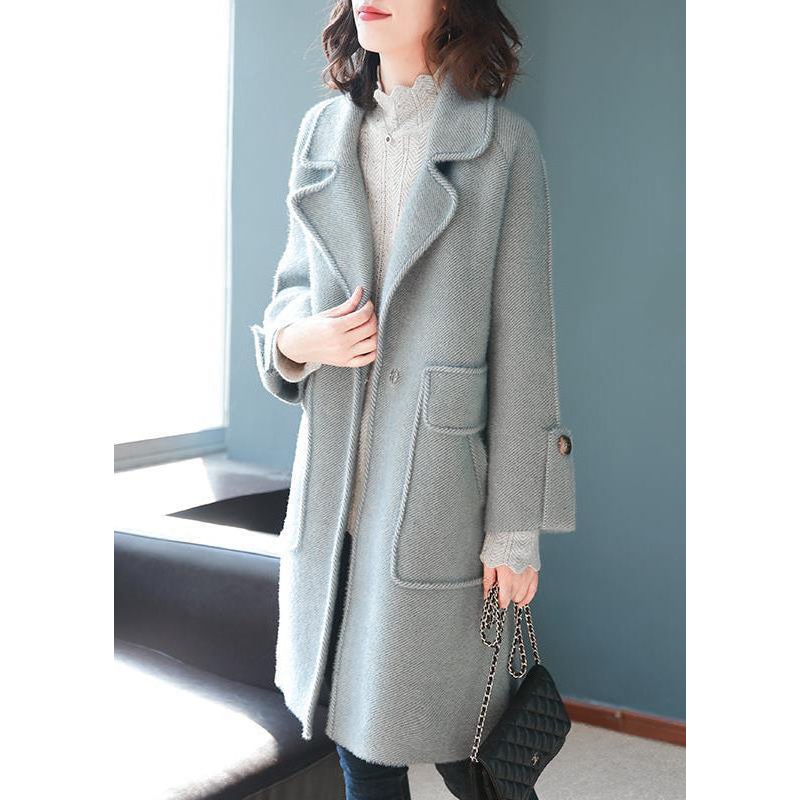 Casual Light Blue Lapel Pockets Thick Woolen Trench Fall