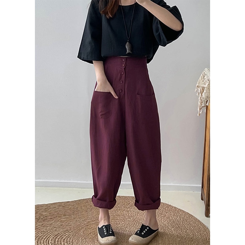 Casual Purple High Waist Button Down Cotton Pants Trousers Fall