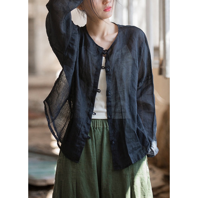 Chic Black Oversized Button Down Linen Shirt Tops Fall