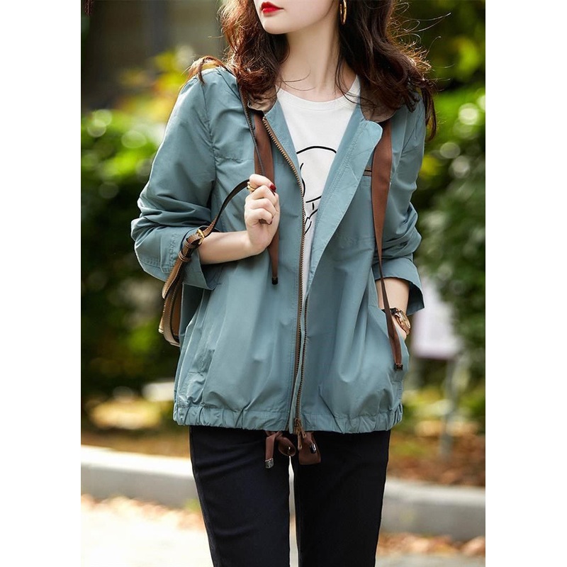 Chic Blue Grey Hooded Zippered Pockets Cotton Coats Fall
