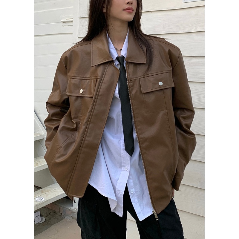 Chic Brown Peter Pan Collar Zippered Patchwork Faux Leather Coats Fall