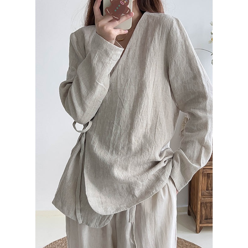 Chinese Style White V Neck Lace Up Linen Shirt Top Fall