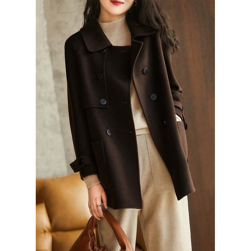 Chocolate Loose Woolen Trench Peter Pan Collar Double Breast Fall