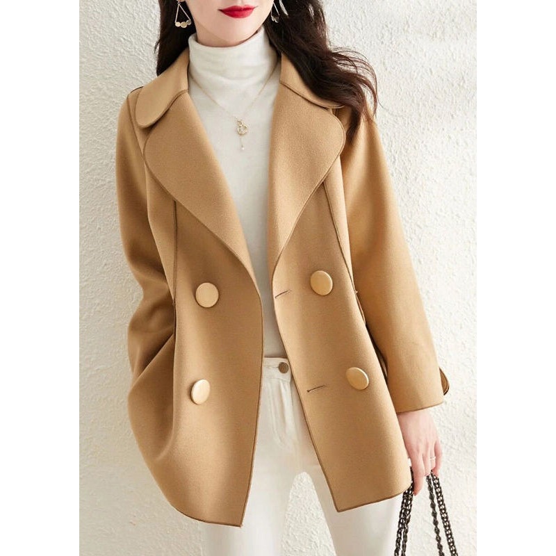 Classy Khaki Peter Pan Collar Double Breast Woolen Coat Outwear Fall