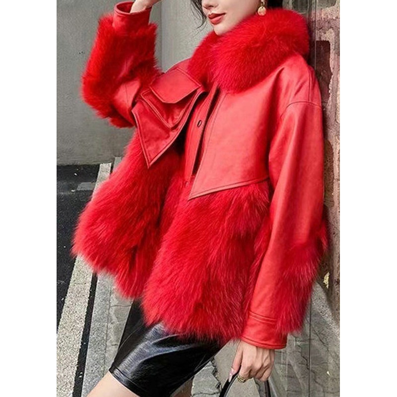 Classy Red Fur Collar Patchwork Faux Fur Jackets Winter