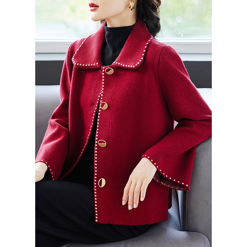 Classy Red Peter Pan Collar Pockets Patchwork Woolen Coat Fall