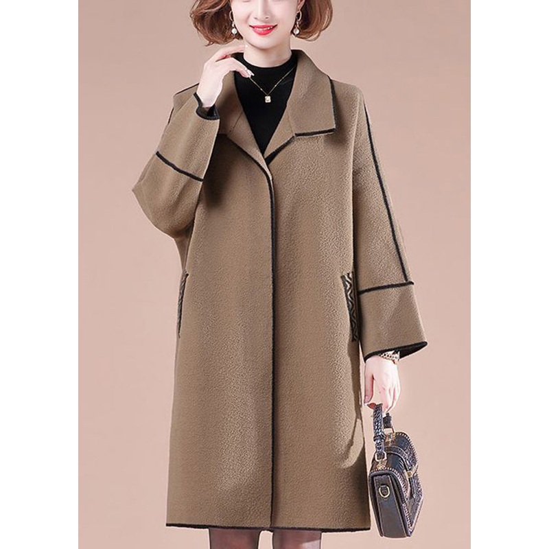 Coffee Patchwork Woolen Trench Coats Oversized Winter