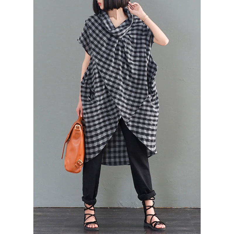 Diy Black Turtle Neck Asymmetrica Plaid Cotton Long Shirts Fall